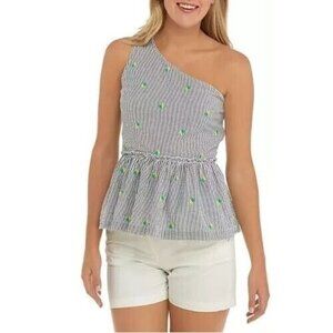 Crown & Ivy One Shoulder Blouse Size 16 Striped Lemon Skirted Hem Asymmetrical